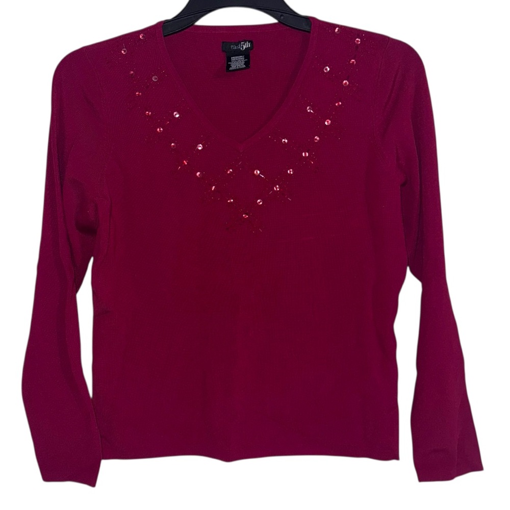 East 5th Sweater Women's Dark Red Beaded V Neck Long Sleeve Medium
